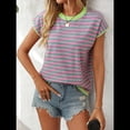 thumbnail image 4 of Camisetas de Mujer Elegantes, Informales, de Corta, con Bloques de Color, A Rayas y Cuello Redondo, Color Verde XL, 4 of 10
