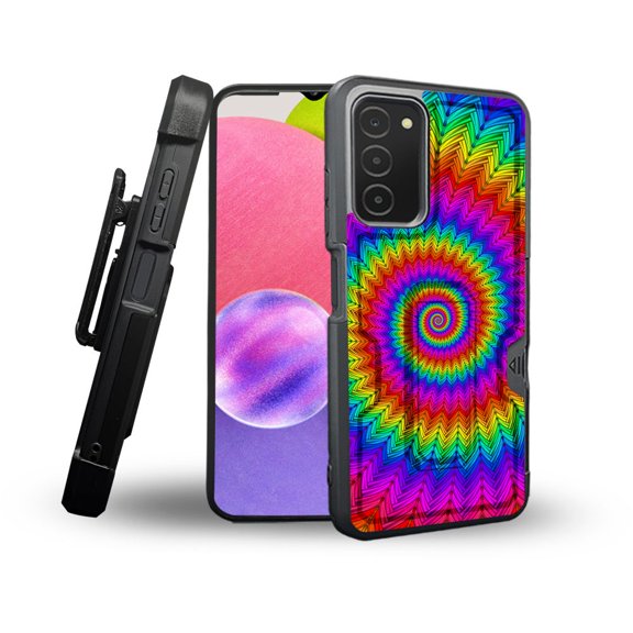 ANJ  Rugged Shockproof Holster Case Card Slot Kickstand   Tempered Glass Cover for Samsung Galaxy A03s - Rainbow Swirls