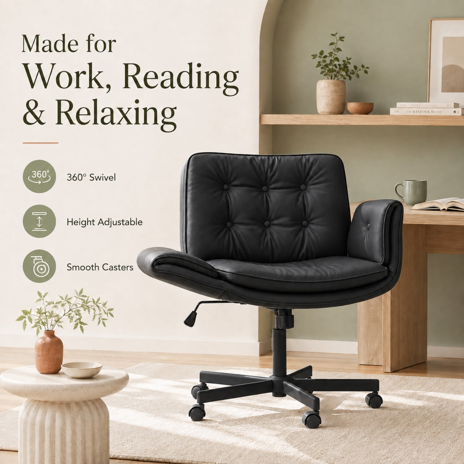 Easy4Home Criss Cross Office Chair with Wheels and Adjustable Armrests, Wide Seat PU Leather Swivel Computer Desk Chair, Black