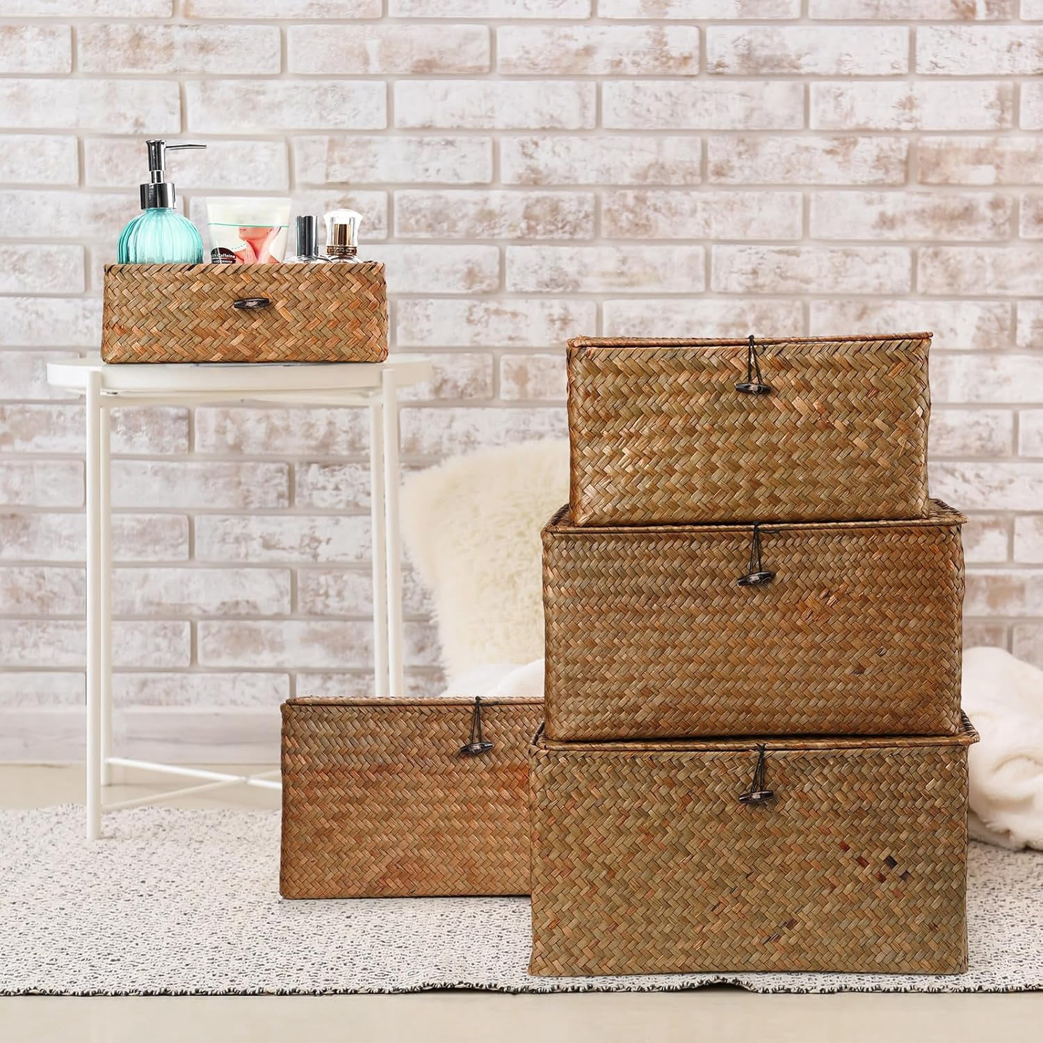 PandaTop Wicker Storage Baskets with Lids, Set of 3 Rattan Storage Baskets for Organizing, Woven Large Rectangular Basket Boxes, Basket with Lid , Decorative Chest Organizer,Natural Desktop Basket