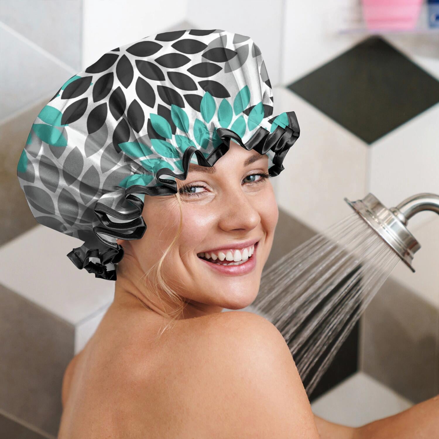 Shower Caps,Black Turquoise and Gray Floral Pattern Waterproof Shower Cap for Women 4 Pieces,Double Reusable Hair Cover for Shower PEVA Elastic Stretch Hem