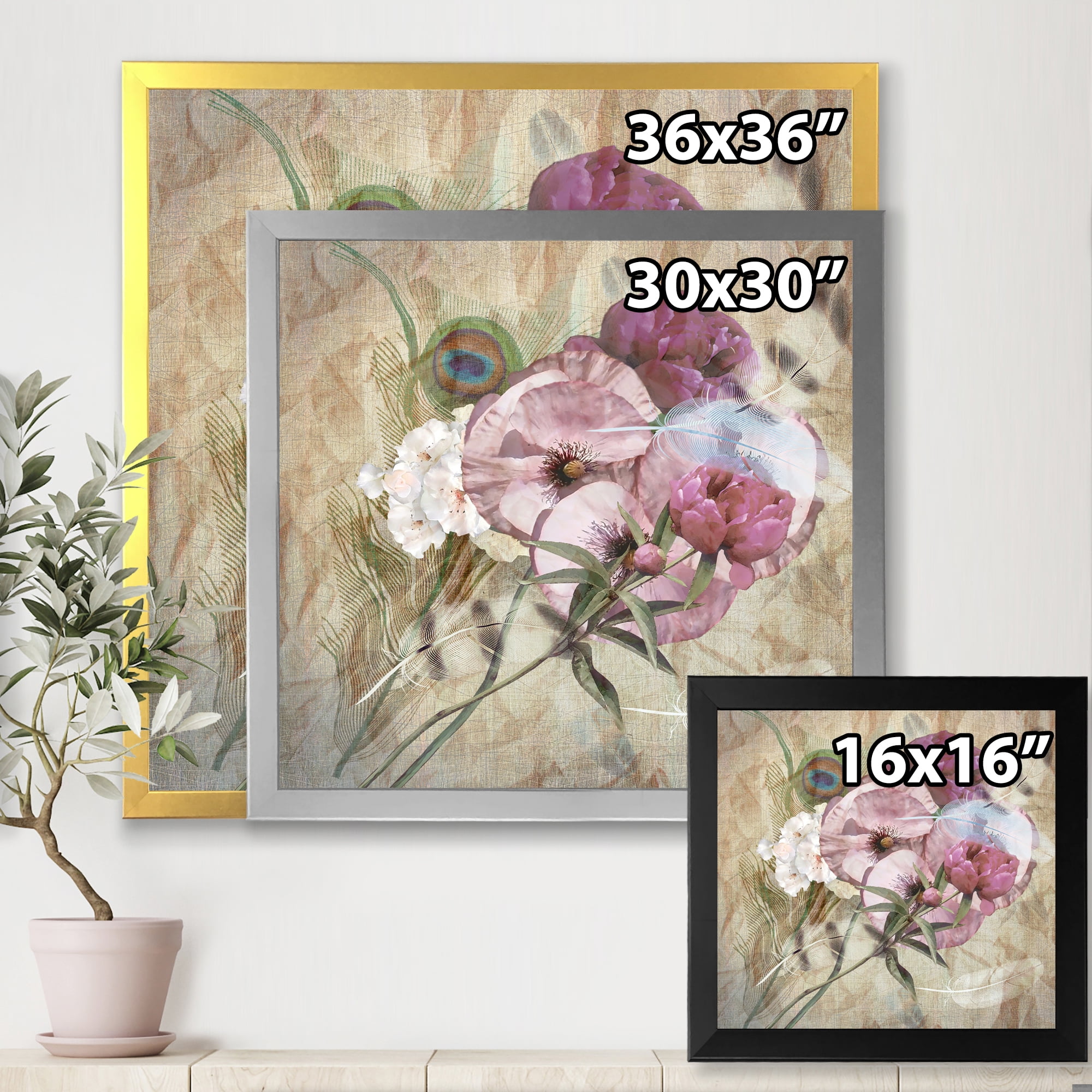Designart 'Iris Bouquet Floral Design With Peacock Feather' Traditional Framed Art Print