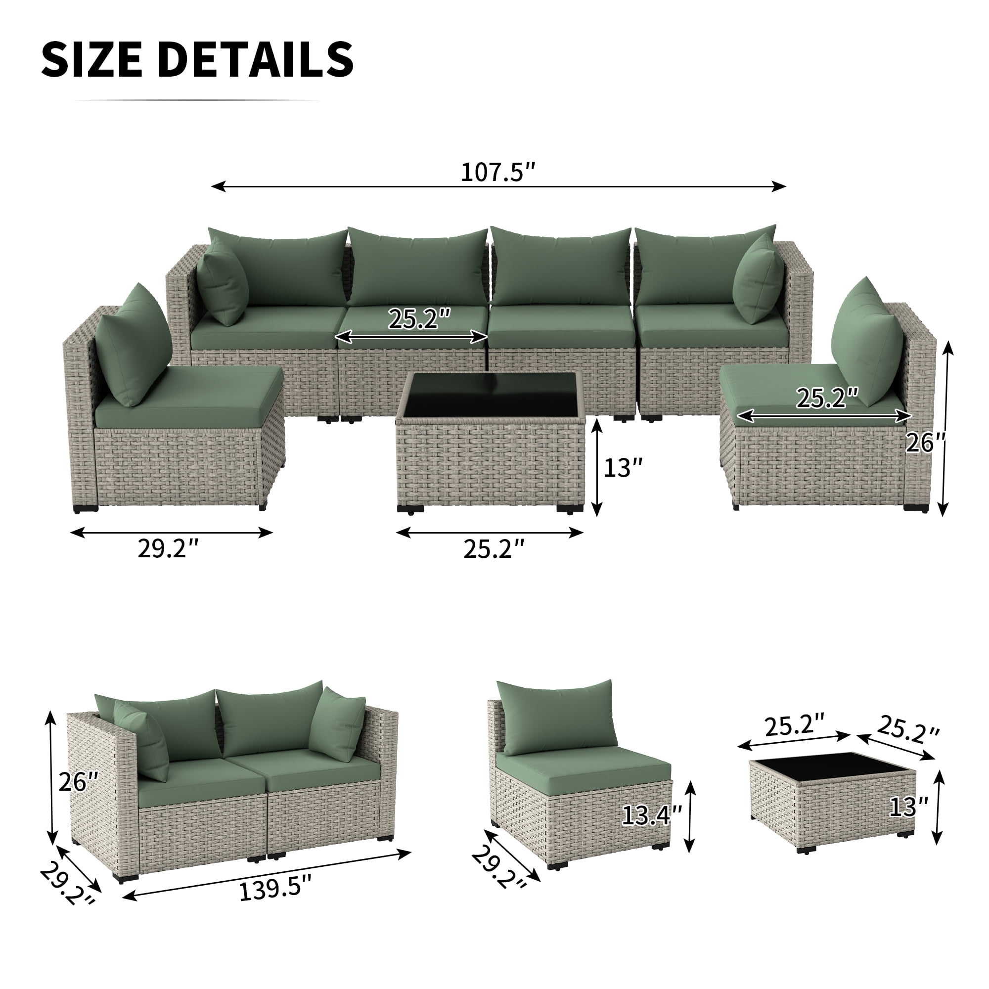 MRUAKA 7 Pieces Patio Conversation Set, Outdoor Sectional PE Rattan Wicker Furniture Seat,Light Green