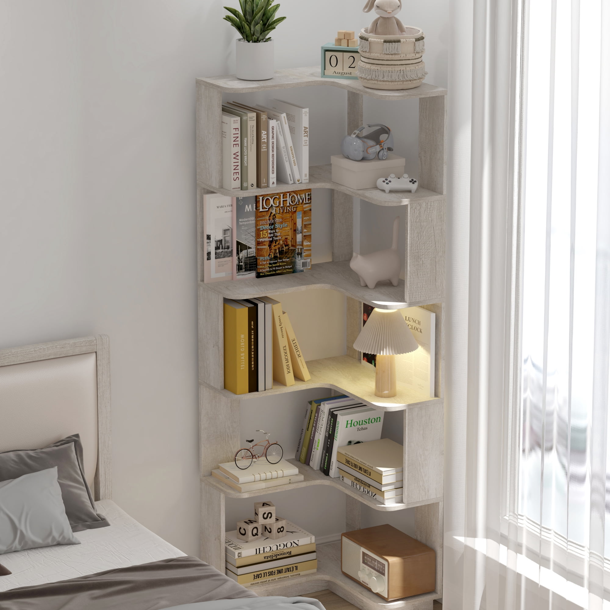 Leumius 6 Tier Freestanding L-Shaped Corner Bookshelf, Wooden Bookcase with anti-drop panle and anti tipping device, Display shelf Open storage rack Organizer for Home Office,Light Gray