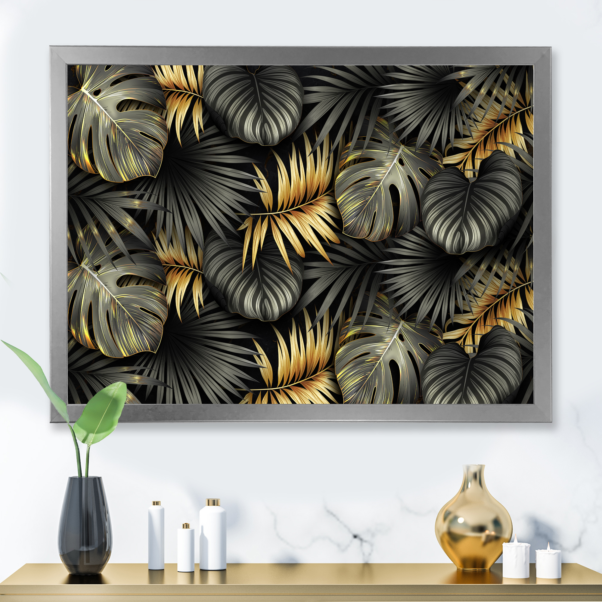 Designart 'Gold and Black Tropical Leaves II' Modern Framed Art Print