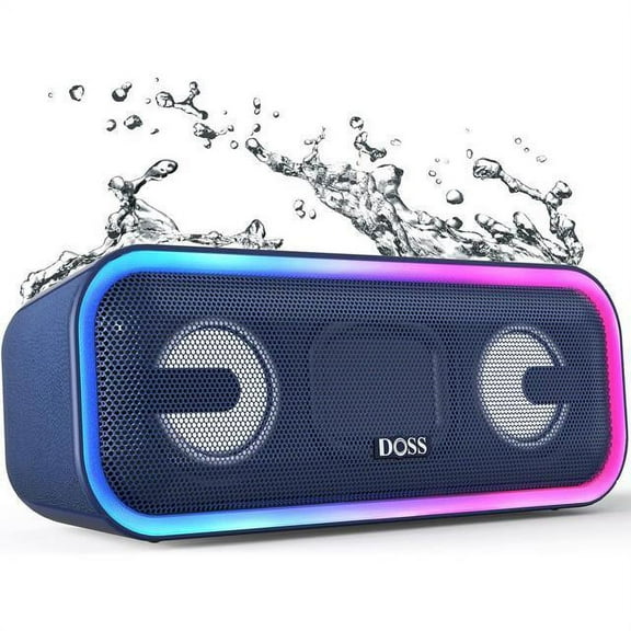 DOSS Blue Wireless Bluetooth Speaker, 15Hrs Long Playtime, 24W Impressive Sound with Booming Bass, IPX6 Waterproof, Wireless Stereo Pairing, Mixed Colors Lights, 66 FT Connectivity