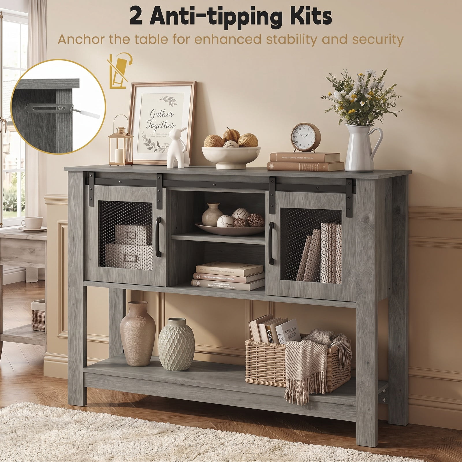 Furnibear 40 Inch Narrow Console Table with Sliding Barn Doors and Storage Cabinets for Entryway Hallway and Behind Couch, Rustic Brown