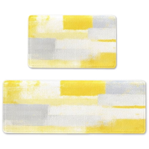 Gray Yellow Kitchen Rug Set of 2 Abstract Floor Mat Kitchen Mats Waterproof Floor Mats Cushioned Non-Skid Standing Mats for Laundry