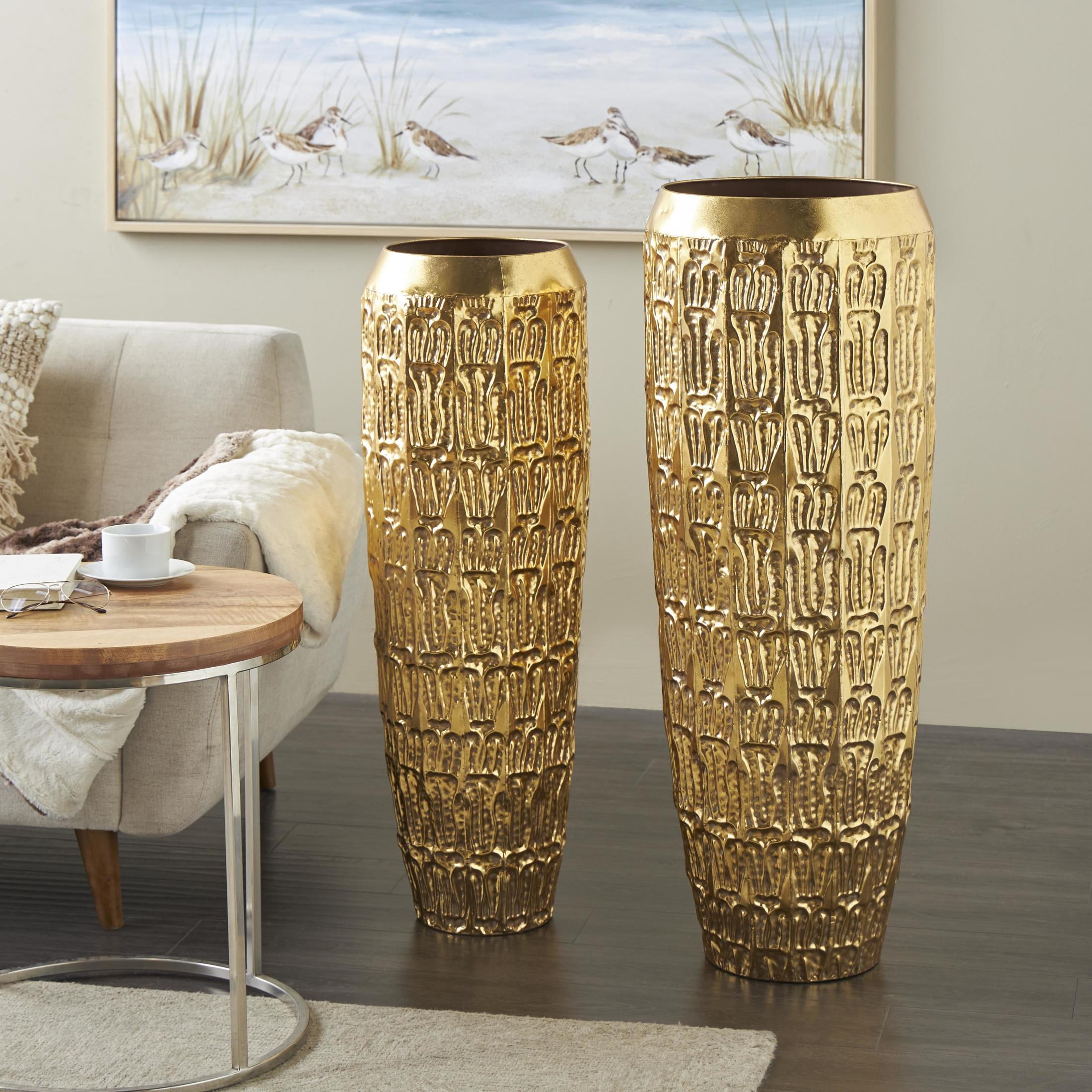 DecMode 41", 37"H Tall Gold Metal Vase with Grooved Patterns, Set of 2
