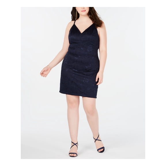 EMERALD SUNDAE Womens Navy Racerback Spaghetti Strap V Neck Above The Knee Cocktail Body Con Dress Plus 1X