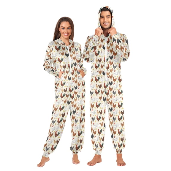 Adult Christmas Onesie Rooster Hen Chicken Zipper One-Piece Pajamas Unisex with Pockets