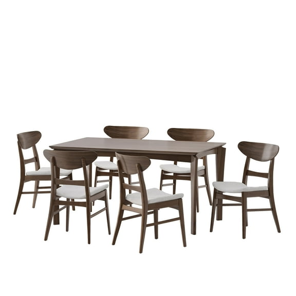GDF Studio Atherton Wood and Fabric 7 Piece Dining Set, Walnut, Light Beige