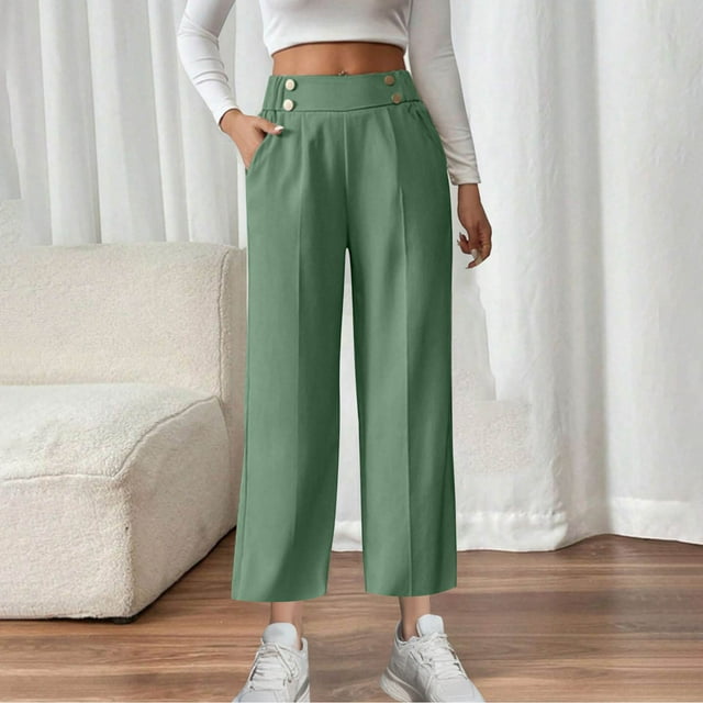 Women High Waisted Elastic Pants, Solid Color Casual Workwear, Stretchy Comfortable Fabric, Slim Fit Design, For Office Daily Use, Versatile Styling, Soft Cotton Blend, Long Length, 9-12 Months,