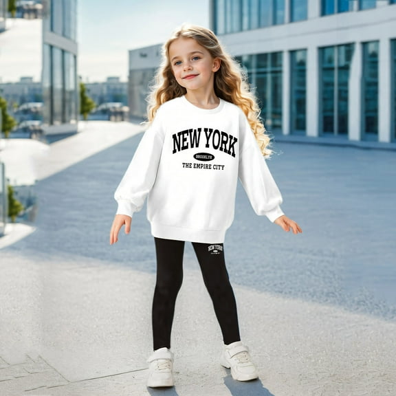 Tfken Children Girls Outfits Sets Crew Neck Casual Letter Print Relaxed Fit Sweatshirt Pant Clothing Set White Size 3-4 Years