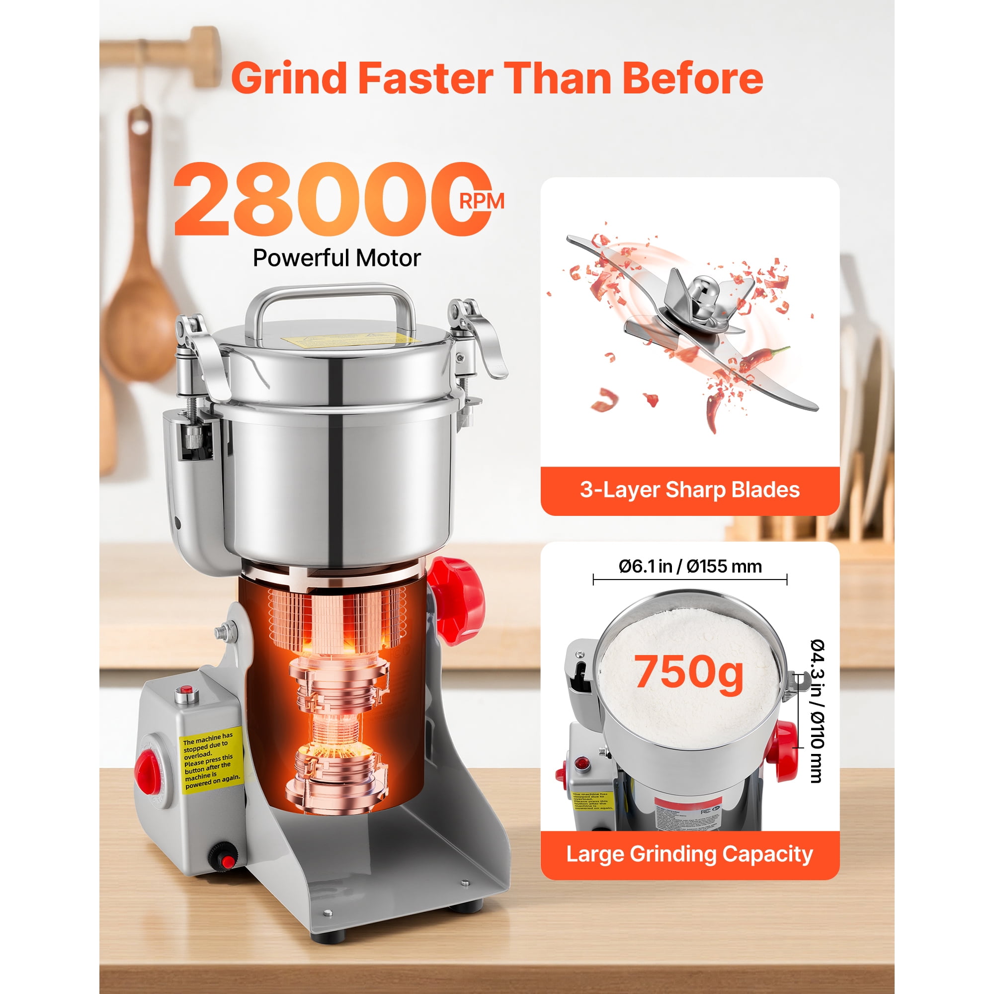 KFFKFF 750g Electric Grain Mill Grinder, 2000W 28000RPM High-Speed Machine for Grinding Dry Grains, Coffee Beans, Spices, and Nuts, Stainless Steel Pulverizer with 270° Swing Design