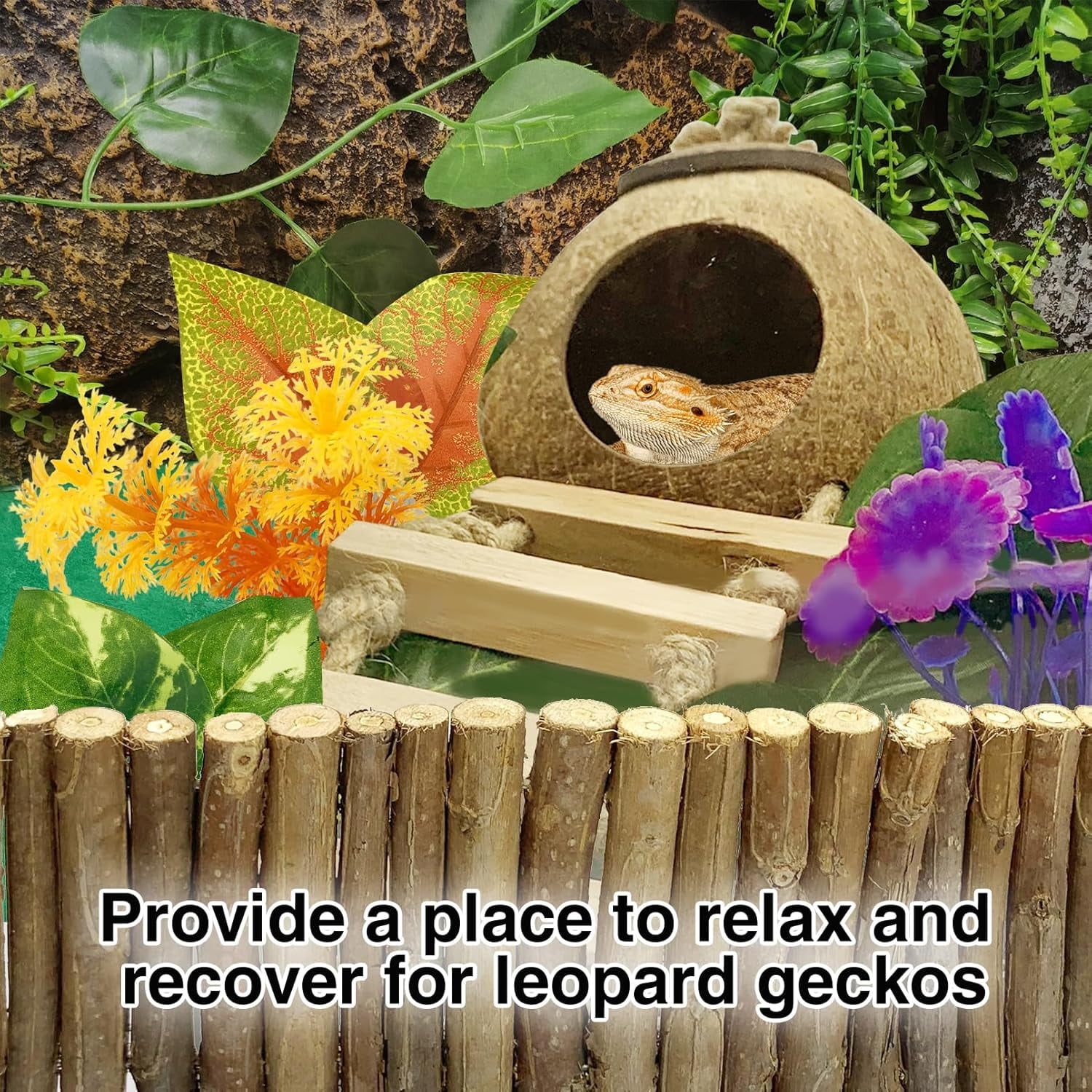 Leopard Gecko Tank Accessories, Reptile Vines Plants with Coconut Shell Ladder Hideout Hut Decor for Bearded Dragon Lizard Chameleon Tortoise Snake