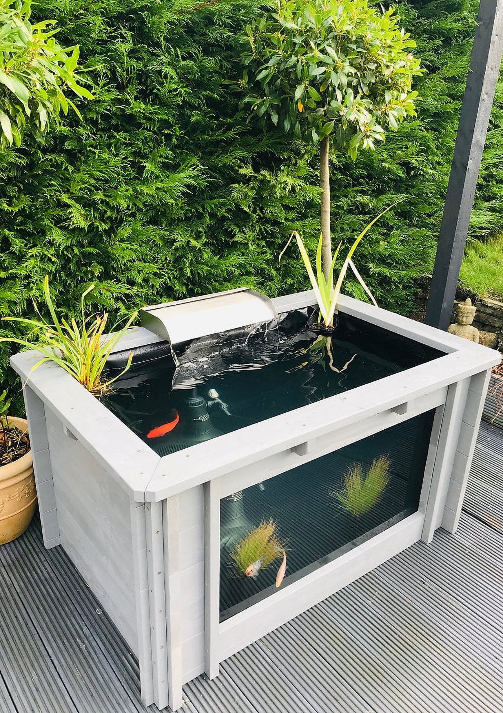Raised Rectangle Wood Pond with Large Window Iris Clear View Garden Aquarium in Gray - 138 Gallon.