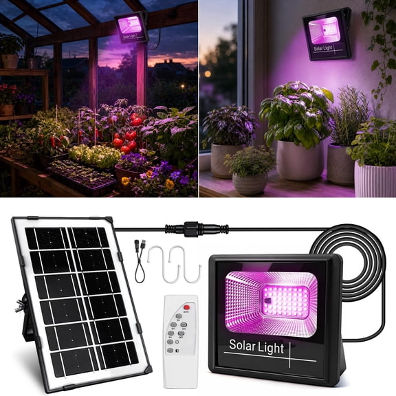 Solar Grow Light Rechargeable, Full Spectrum LED Grow Lamp with USB Charging, Remote Timer, Waterproof for Indoor Outdoor Plants