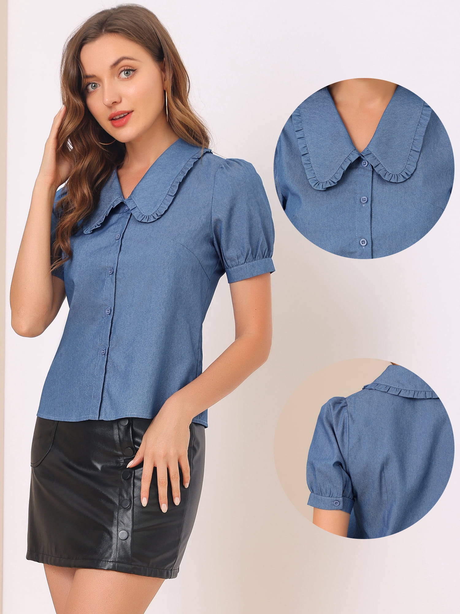 DARING DIVA Women's Peter Pan Collar Puff Short Sleeve Button Chambray Shirt M Blue