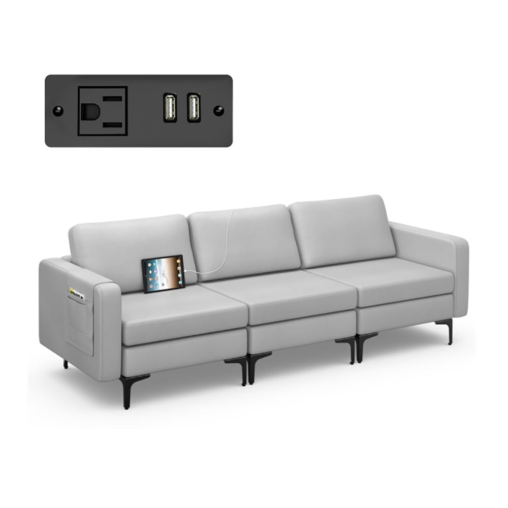 Finihen Leather Sofa, 3-Seat Sofa, Convertible Leather Sofa Couch with Magazine Pockets 3-Seat with 2 USB Port, for Living Room, Bedroom, Light Gray Finihen Leather Sofa, 3-Seat Sofa, Convertible Leather Sofa Couch with Magazine Pockets 3-Seat with 2 USB Port, for Living Room, Bedroom, Light Gray