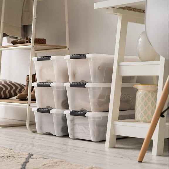 13 Qt Stackable Plastic Storage Bins with Lids, 6 Pack - , , Secure Pull Handle