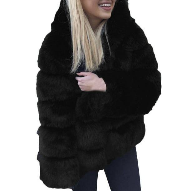 Black fluffy jacket with hood sales