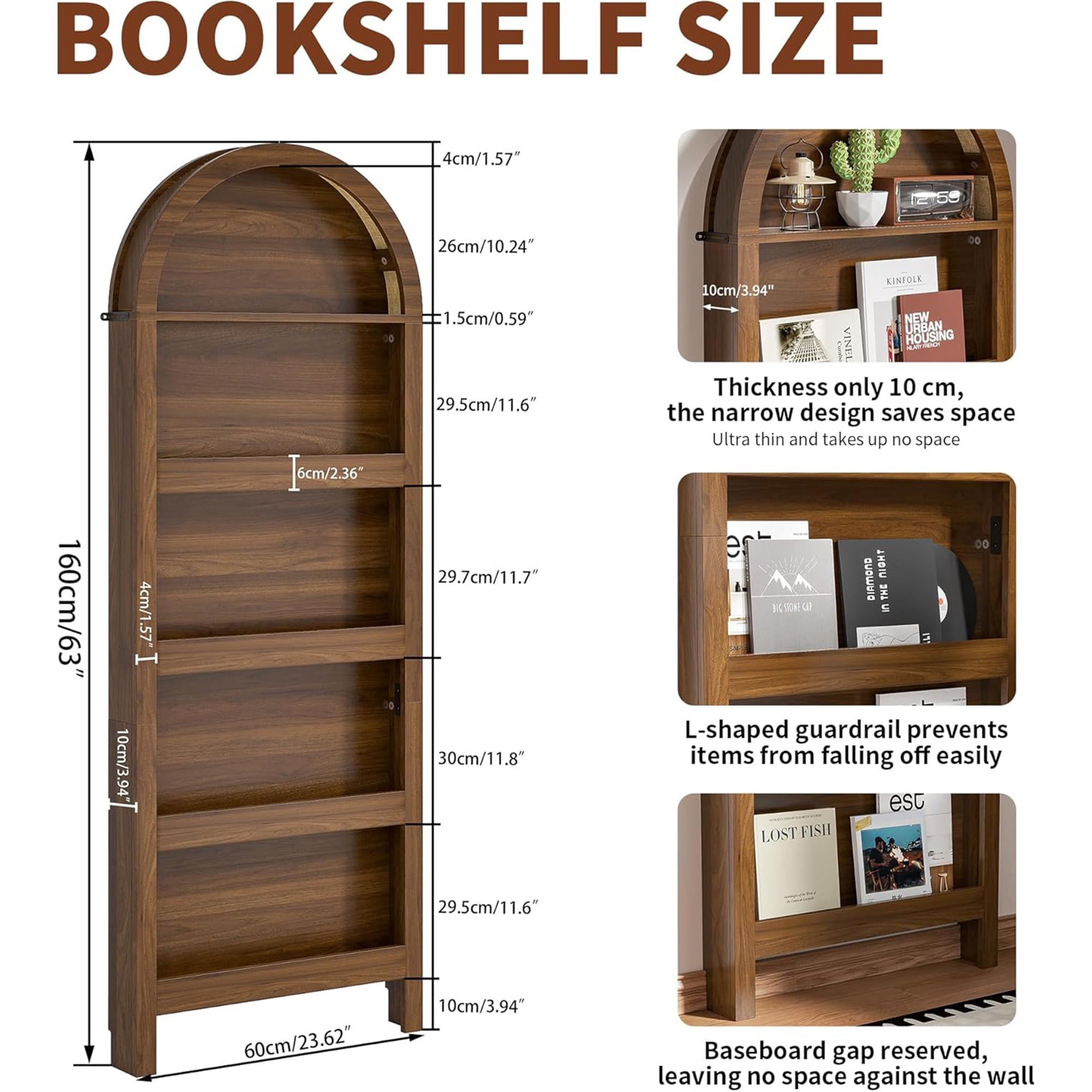 Arched Behind The Door Storage Narrow 5- Tier Open Display Bookshelf Wall Mount Display Rack for Living Room Bedroom