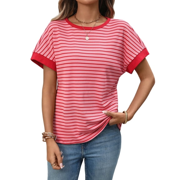 Women'S Short Sleeve Knit Tops Trendy Crewneck Striped T Shirts Casual Summer Blouses Outfits Deep Pink S