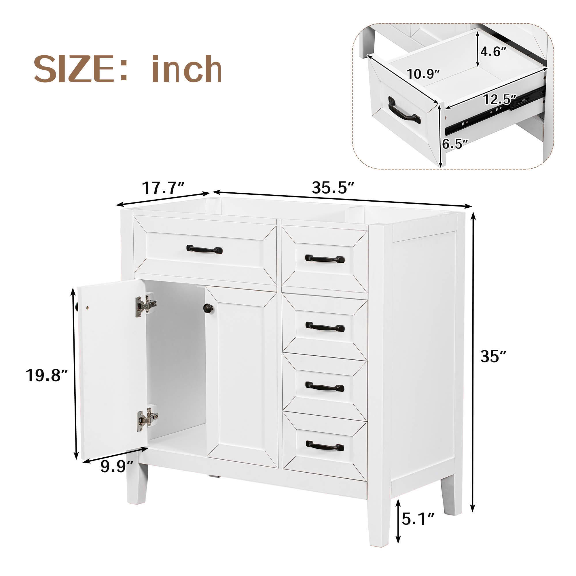 MAYEERTY 36" Bathroom Vanity without Sink Cabinet Base Solid Frame MDF Drawers White