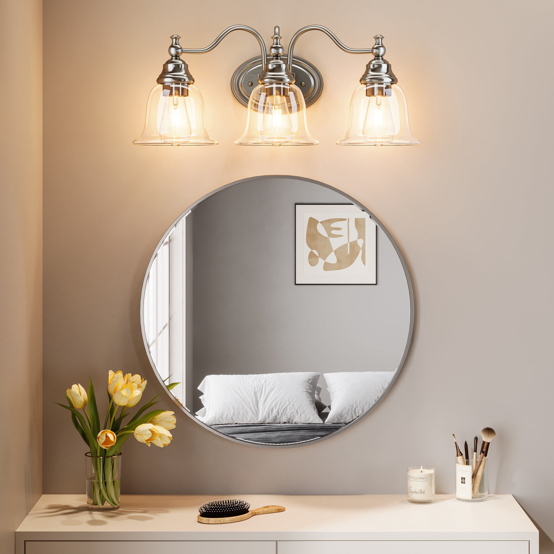 Fnova 3-Light Bathroom Light Fixtures, Modern Vanity Light with Clear Glass Shade, Bathroom Wall Lamp for Mirror Living Room Kitchen Hallway Porch, E26 Base (Bulbs Not Included)