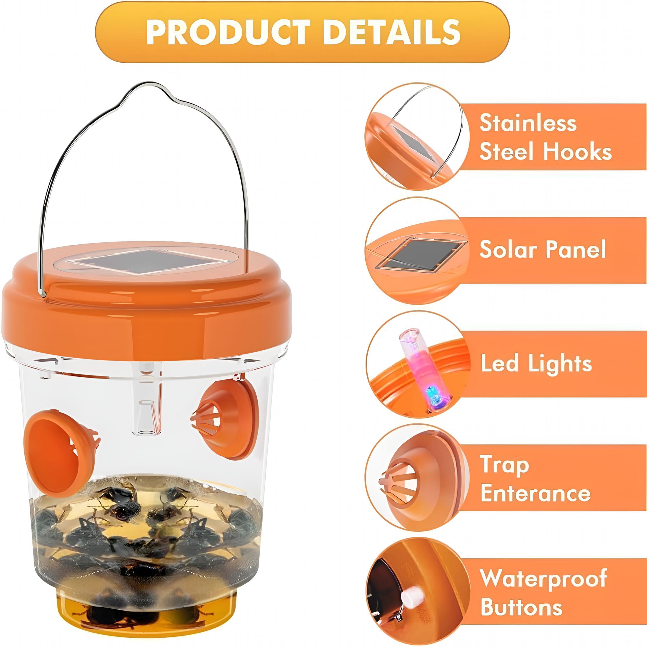 QARUN Wasp Traps for Wasps, Bees, Hornets, Insects, Yellow Jacket Traps, Wasp Trap Catcher, Reusable Solar Powered Hanging for Outdoor, 4 Packs