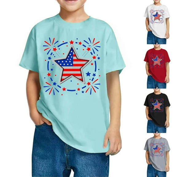CFLVAEK Kids 4th of July T Shirts Funny Stars Stripes Patriotic Graphic Tees Comfy Cotton Round Neck Short Sleeve Tshirts Girls Boys Indenpendence Day Tshirt 5 Years