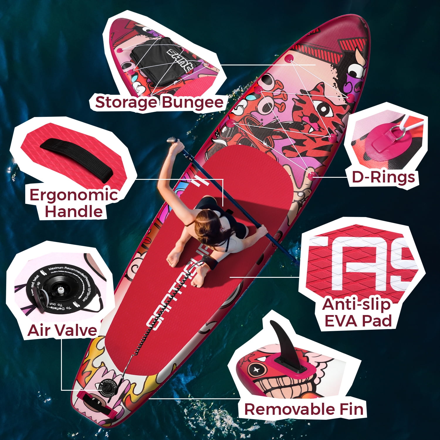 Santasup Blow Up Paddle Board Pink Inflatable Paddle Board For Adults, 10ft Yoga Stand Up Paddle Board, Sup Board With Accessories, Non-Slip Deck, Travel Backpack Wide Stance