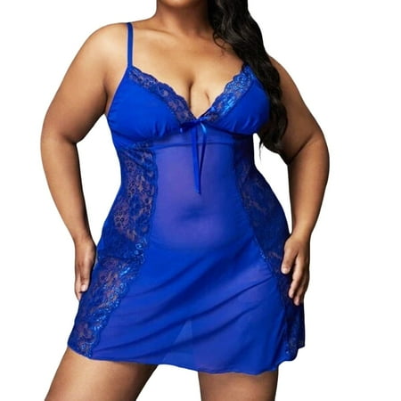 

Sngxgn Women Lingerie Lace Strap Chemise Halter Teddy V Neck Mesh Nightgown Ladies Lingeries Blue 2XL