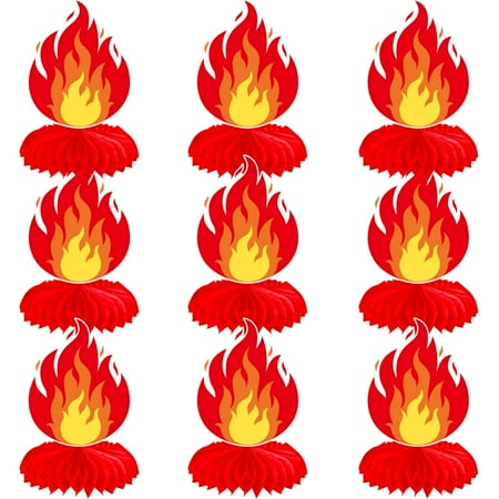 9Pcs Fire Flame PresNok Honeycomb Centerpiecs Flame Theme Centerpieces for Table Fire Flame Birthday Party Decorations for Firefighter Birthday Fire Truck Theme Party Supplies