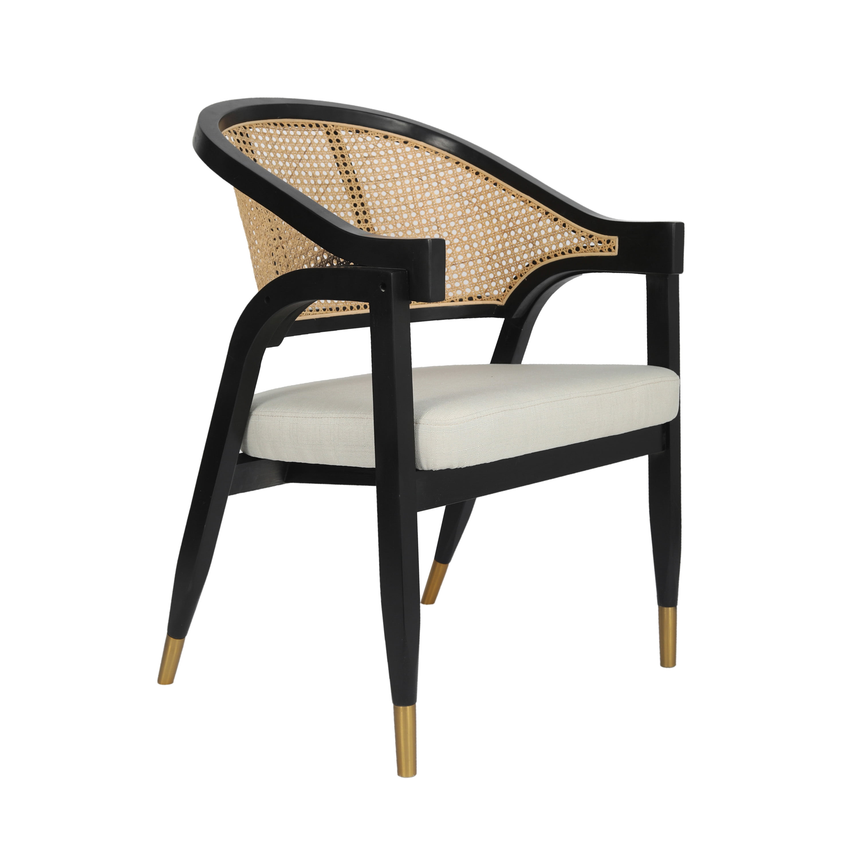Emma + Oliver Cane Rattan Dining or Accent Chair with Black Solid Wood Frame, Natural Woven Backrest and Beige Cushioned Seat