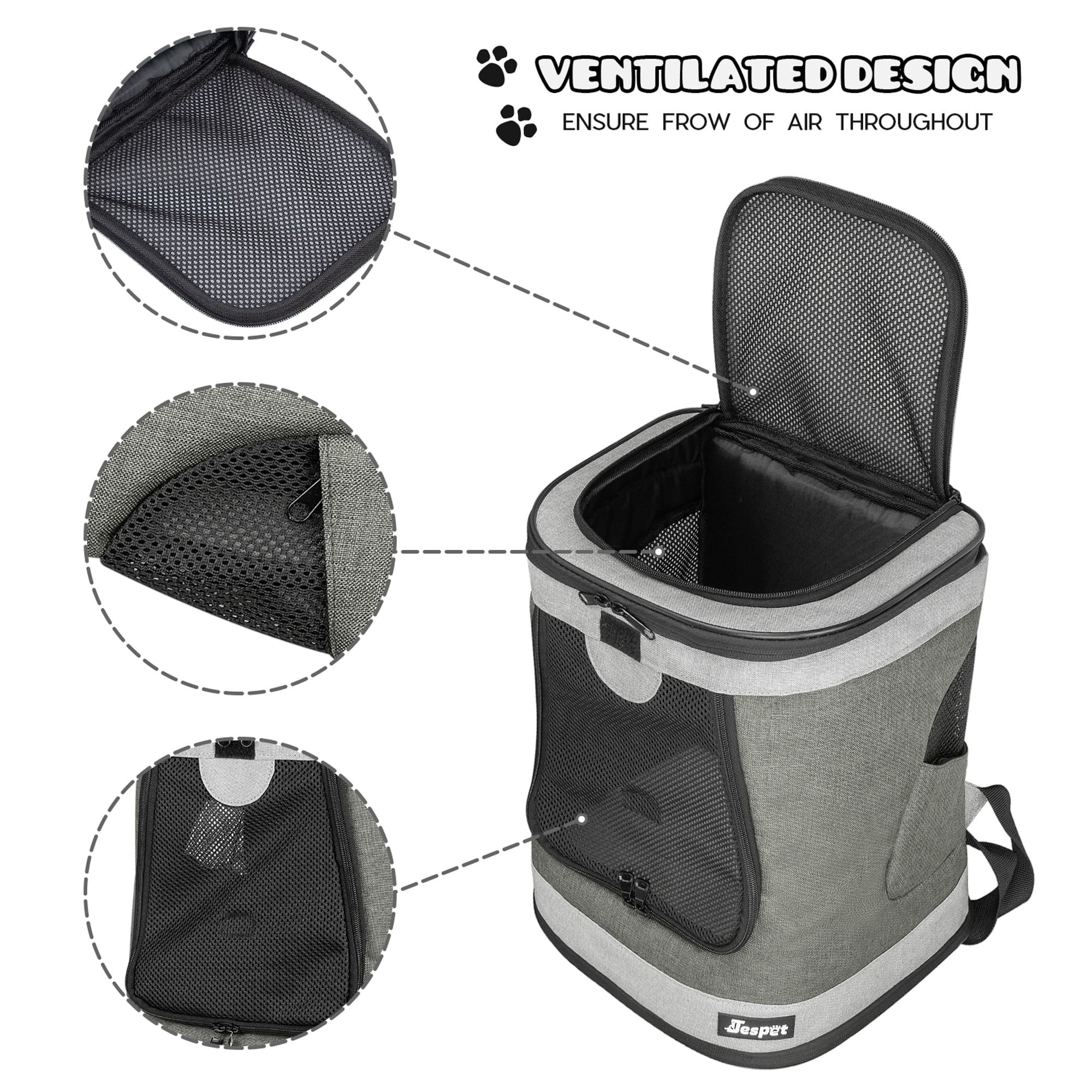 JESPET & GOOPAWS: Pet Soft Backpack Carrier - Smoke Grey - 13", Small Dogs & Cats, Portable-Traveling-Hiking-Walking, Outdoor, Mesh Window, Ventilated