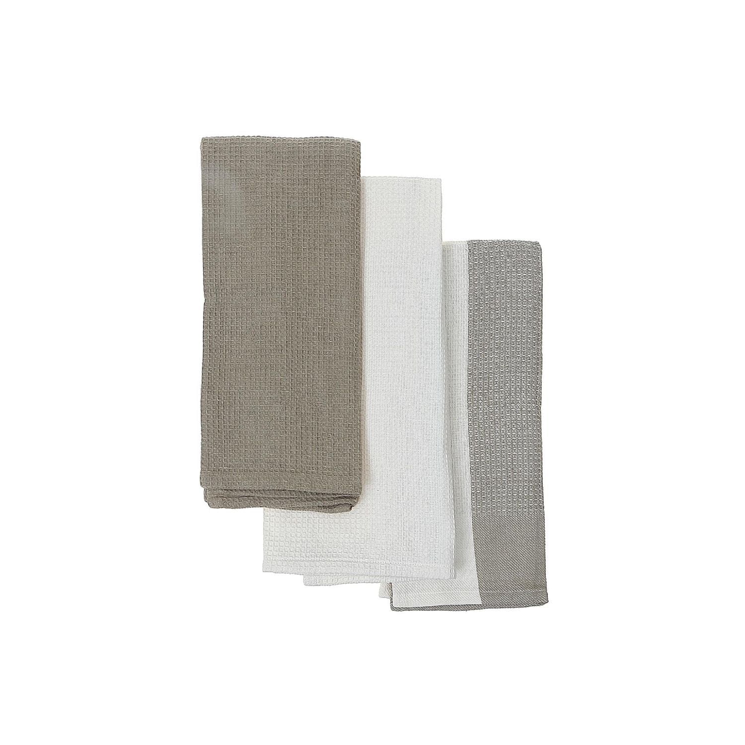 Kitchen Towel Set Of 3 PCs Block Print Waffle Oxford Tan