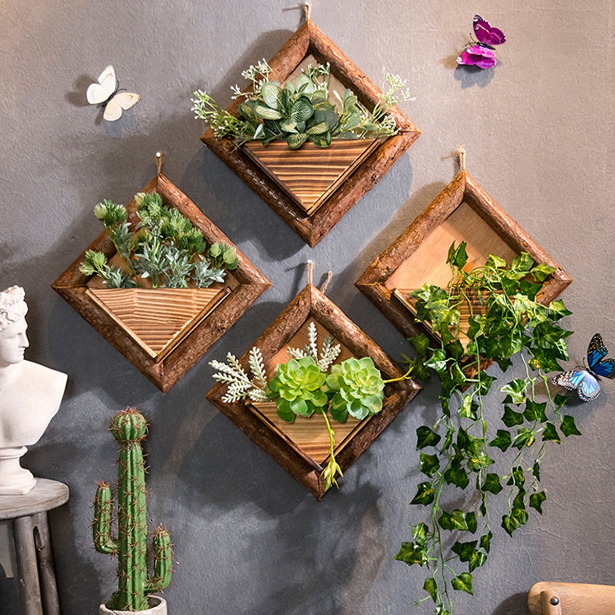 1PC DIY Wooden Wall Shelf Hanging Rack Artificial Flower Plant Display