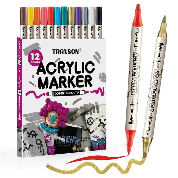 TRANSON 12 Colors Bold and Brush Dual-tip Acrylic Paint Marker Pen Set for Canvas Rock Wood Leather Ceramic DIY Painting