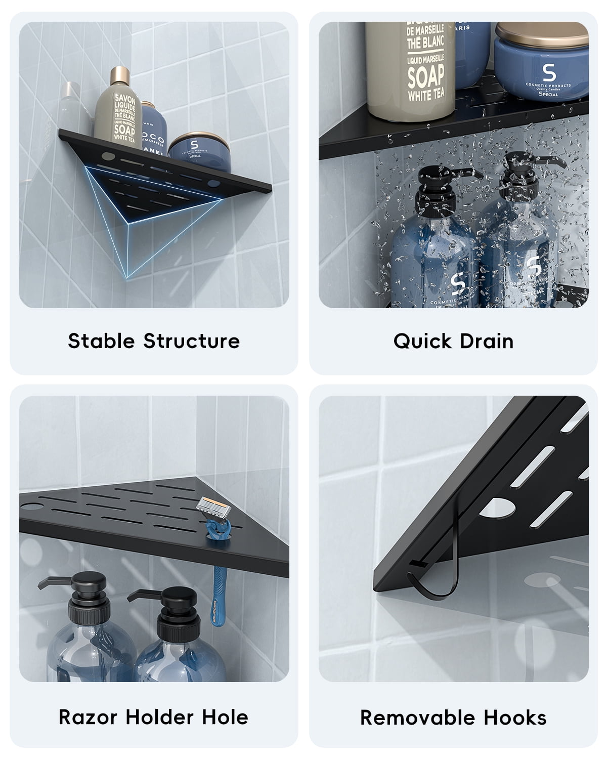 DAYONE Matte Black Corner Shower Shelf 2 Pack 10", Bathroom Corner Shower Organizer Shelf for Tiled Wall, SUS304 Stainless Steel Slot Design Recessed Corner Shelves with 2 Hooks and 4 Holes