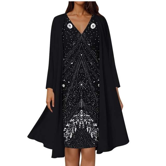 Hyknon Robes Formelles pour Femmes Mode Deux Pièces Robes Élégantes Tendances Robes Fluides Grande Taille Dentelle Patchwork Robe en Chiffon Collation des Grades Mi-Longueur Col en V Robes de Soirée, m-3TG