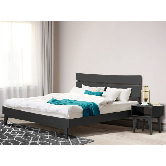 Acacia Aurora Solid Wood Bed with High Headboard Platform Bed, Bedroom Furniture Set King Bed with Nightstand, High Headboard Quick & Easy Assembly Works with A Variety of Mattresses, Black