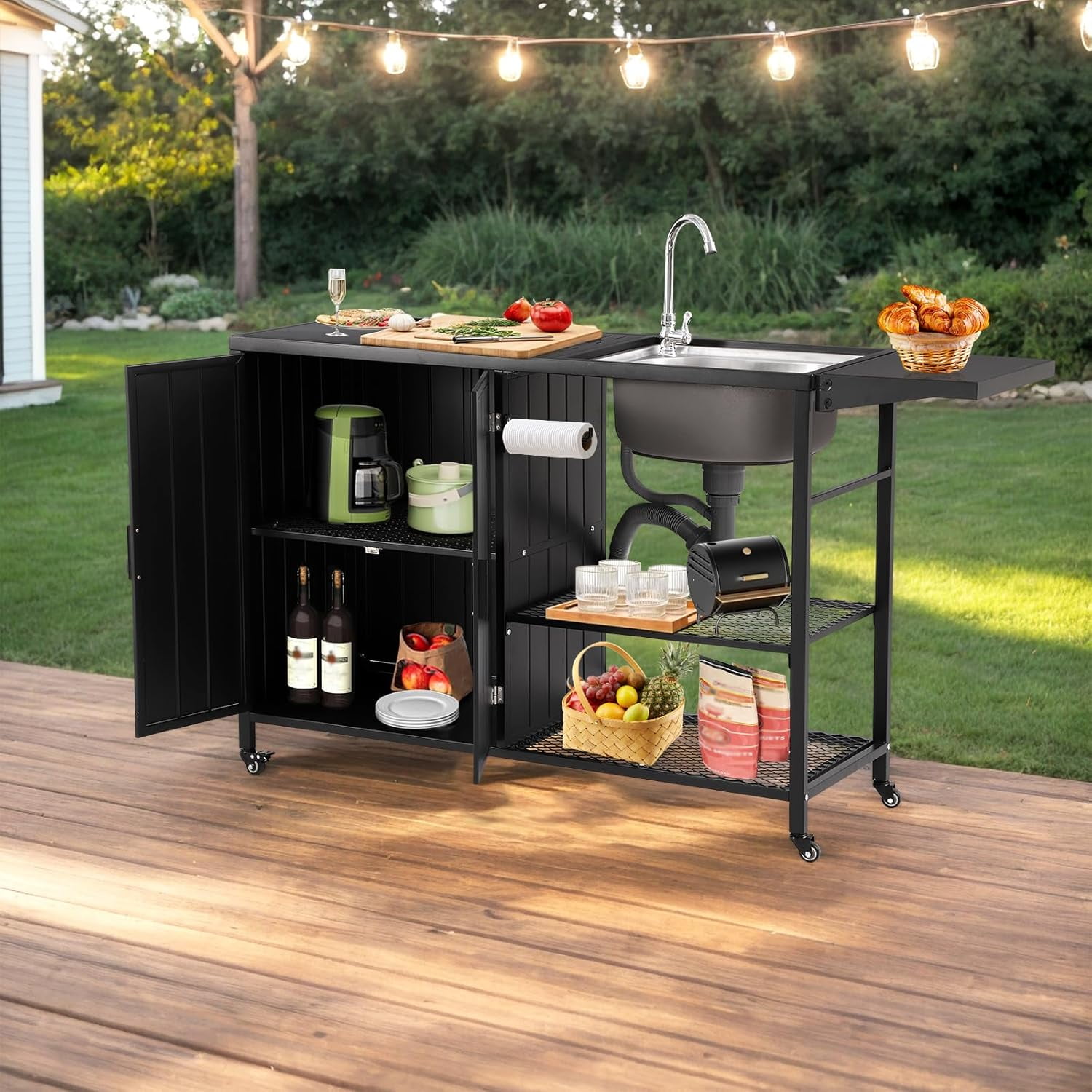 Outdoor Grill Cart with Sink, Outdoor Kitchen Island with Storage Cabinet, Bar Cart Grill Station with Foldable Side Table and Wheels, Outdoor Grill Table For Garden,Patio