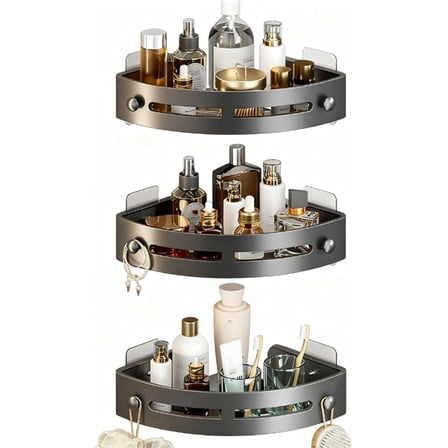 Black Triangle Shower Caddy, 3-Pack 3-Tier Corner Shelves with Hooks, No-Drill Wall Mount Shower Organizer for Bathroom Storage