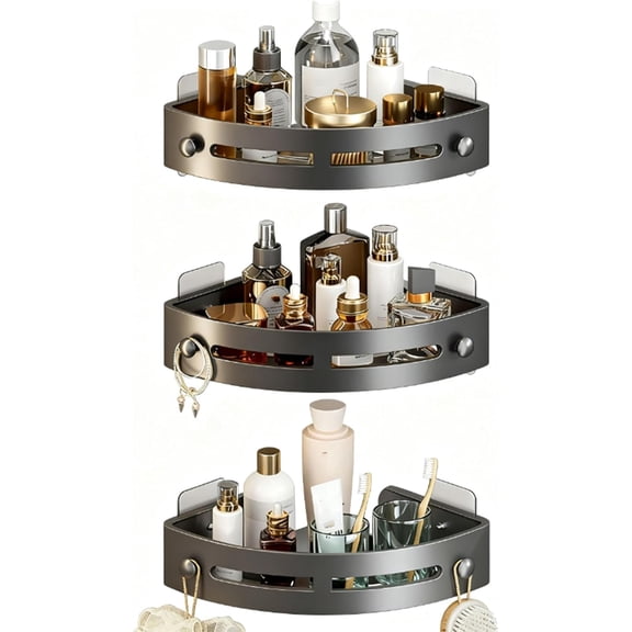 Black Triangle Shower Caddy, 3-Pack 3-Tier Corner Shelves with Hooks, No-Drill Wall Mount Shower Organizer for Bathroom Storage