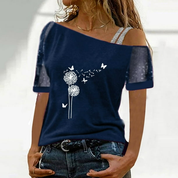 Gibobby Playera Corte clasico para Mujer Mujeres Impreso Hombro Tops Sexy Glitter Camisa de manga corta Blusa Tops Azul G Bodega Aurrera en linea
