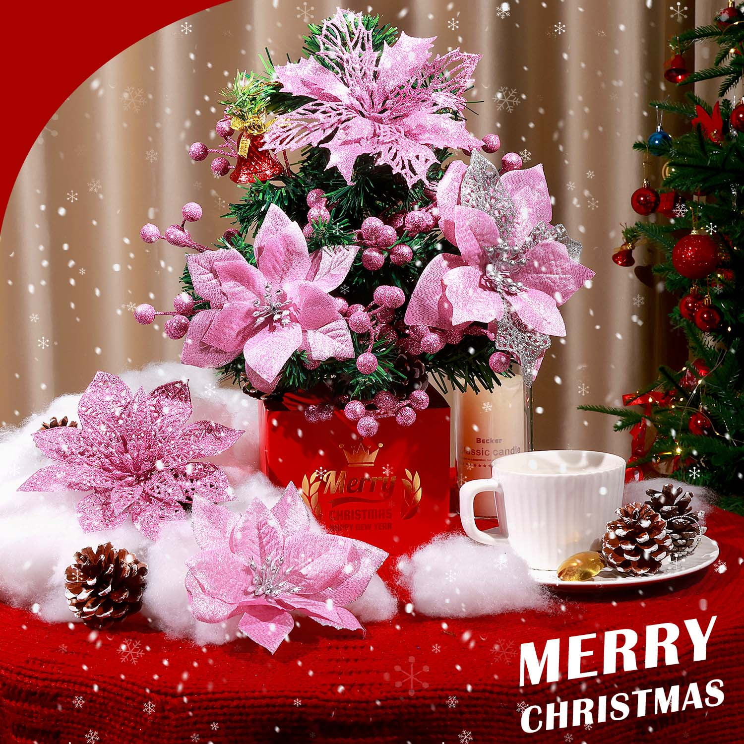 Ayieyill Christmas Decorations Set: 56 Pcs Pink Poinsettia Flowers