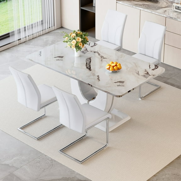 NYEESS 63 inch White Faux Marble Dining Table Set for 4 with PU Chairs, Modern Rectangle Kitchen Table for Dining Room