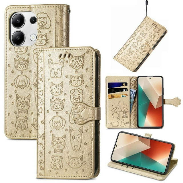 Funda Cartera FOXDOCK para Xiaomi Redmi Note 13 4G , Flip PU con Relieve de Gatos y Perros, Tarjetero y Soporte